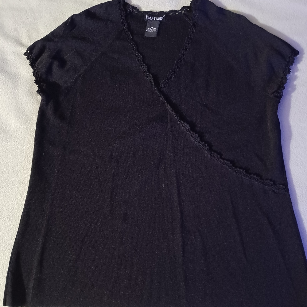Bay Studio Petite Large Rayon blend top lace trim faux wrap